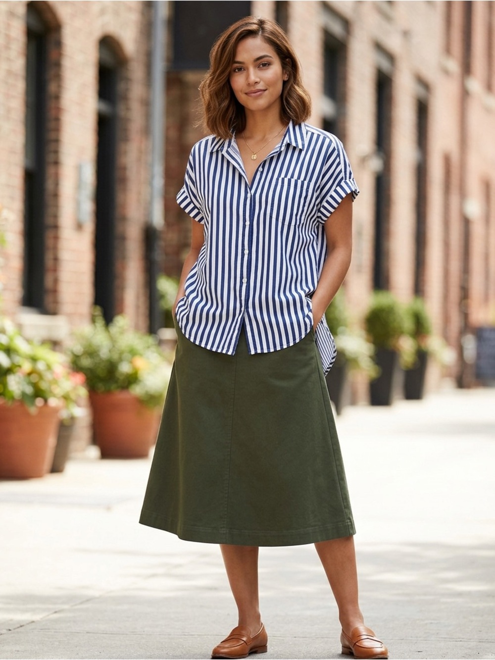 Jane and Delancey Blue and White Vertical Stripe Button-Up Shirt